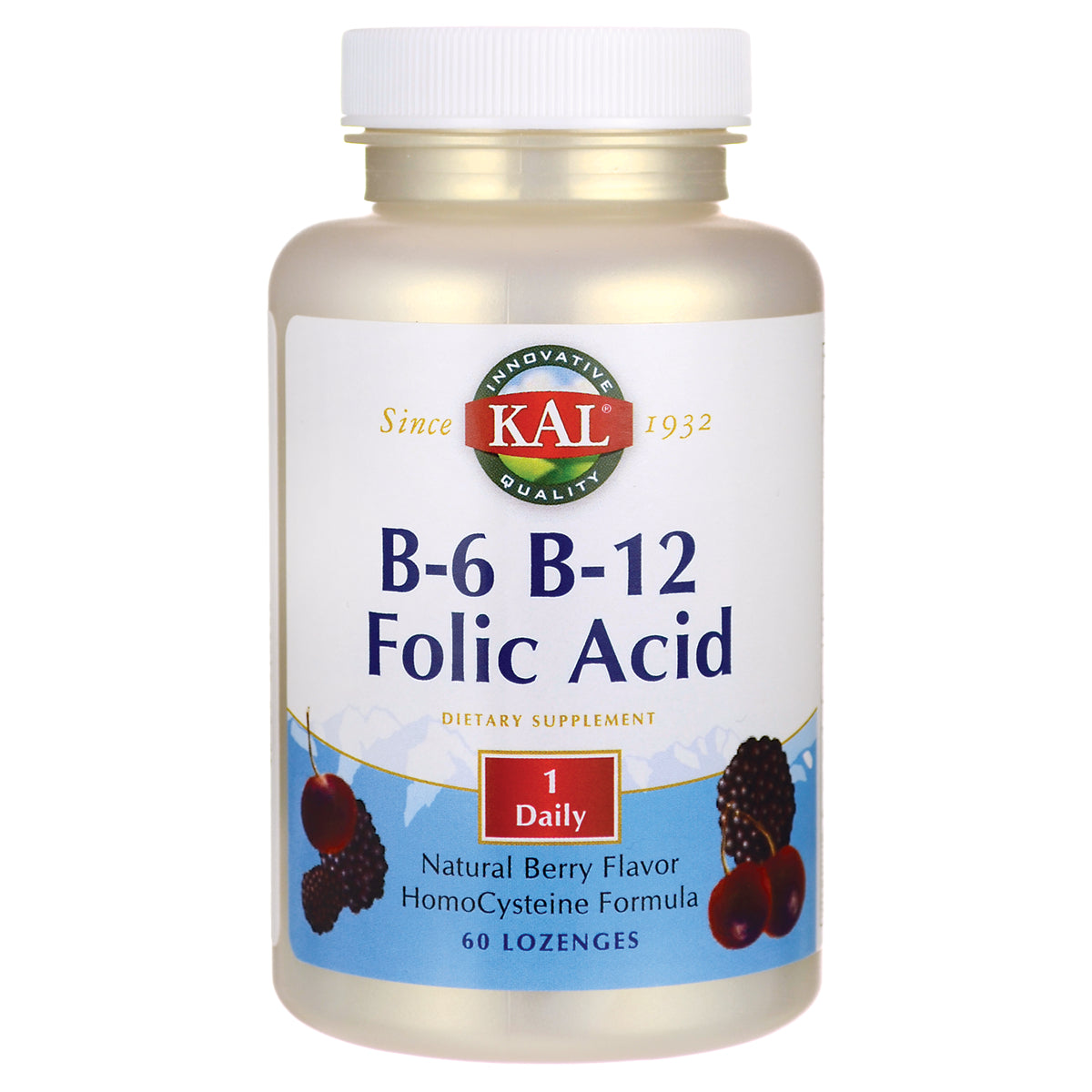 KL535 | KAL B-6 B-12 Folic Acid dietary supplement bottle, natural berry flavor, 60 lozenges