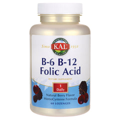 KL535 | KAL B-6 B-12 Folic Acid dietary supplement bottle, natural berry flavor, 60 lozenges