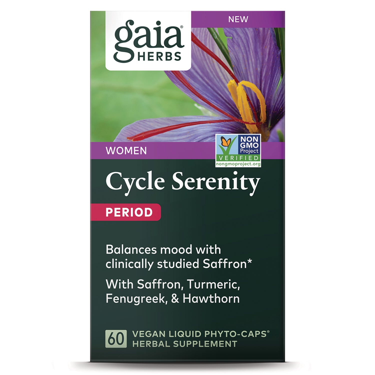GH175 | Gaia Herbs Cycle Serenity Period supplement front packaging with saffron flower, PERIOD label and 60 vegan liquid phyto-caps