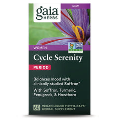 GH175 | Gaia Herbs Cycle Serenity Period supplement front packaging with saffron flower, PERIOD label and 60 vegan liquid phyto-caps
