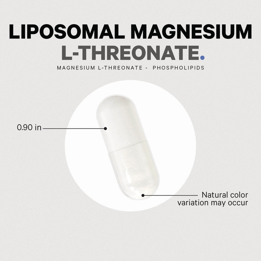 CDG021 | Product infographic showing a 0.90 in liposomal magnesium L-threonate capsule with natural color variation noted - Thumbnail
