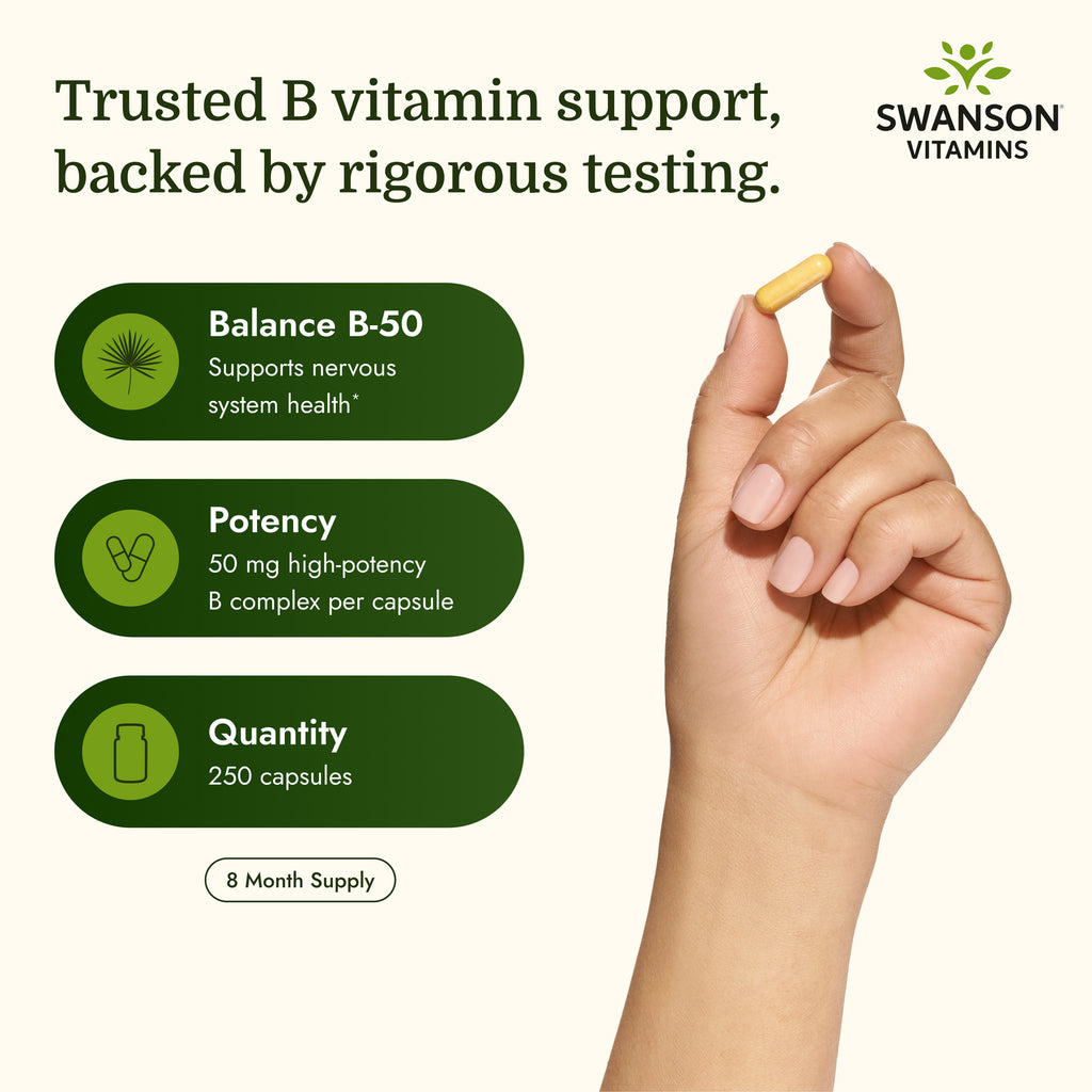SW058 | Hand with pill image and trusted B vitamin support backed by rigorous testing - Thumbnail