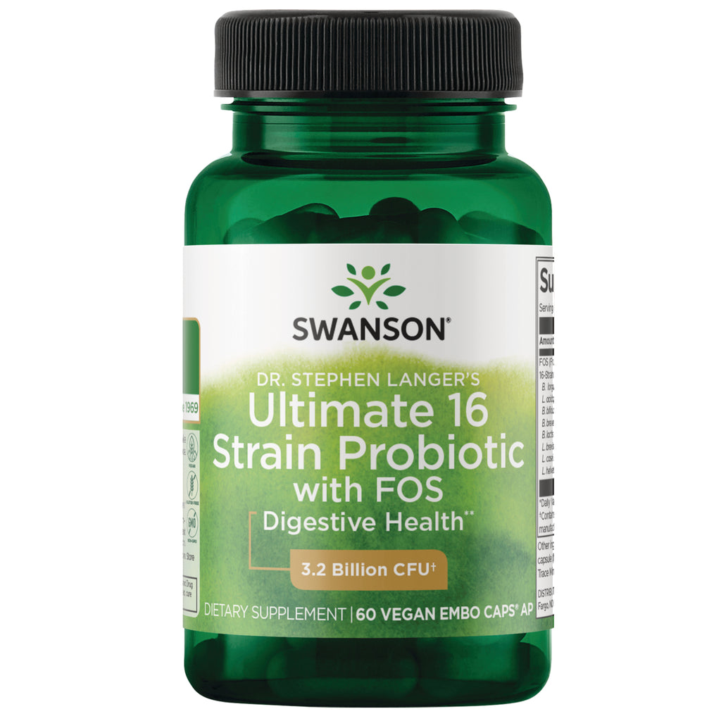 SWA051 | Swanson Ultimate 16 Strain Probiotic with FOS, 3.2 Billion CFU, 60 vegan capsules bottle front - Thumbnail