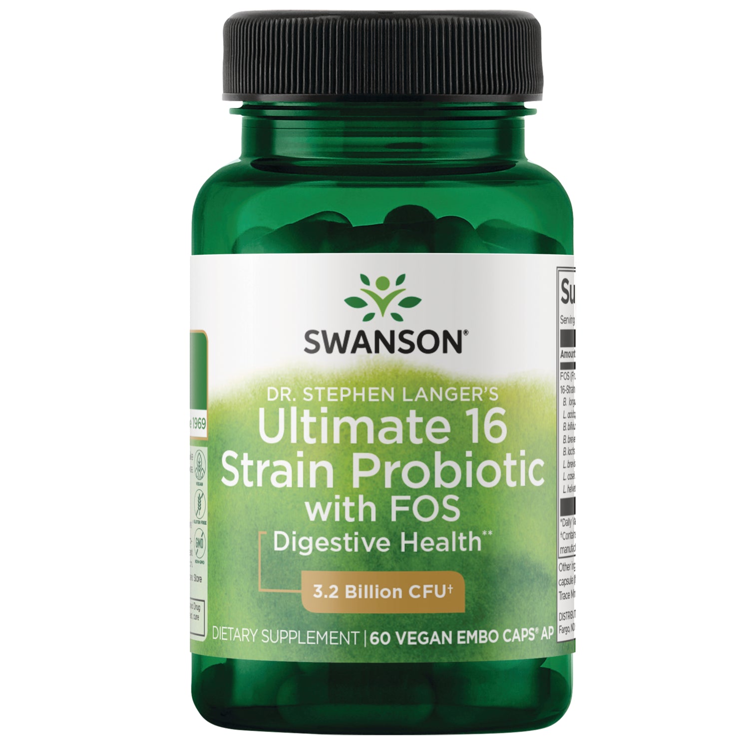 SWA051 | Swanson Ultimate 16 Strain Probiotic with FOS, 3.2 Billion CFU, 60 vegan capsules bottle front