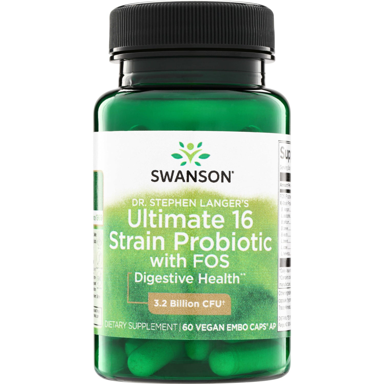 SWA051 | Swanson Ultimate 16 Strain Probiotic with FOS, 3.2 Billion CFU, 60 vegan capsules bottle front