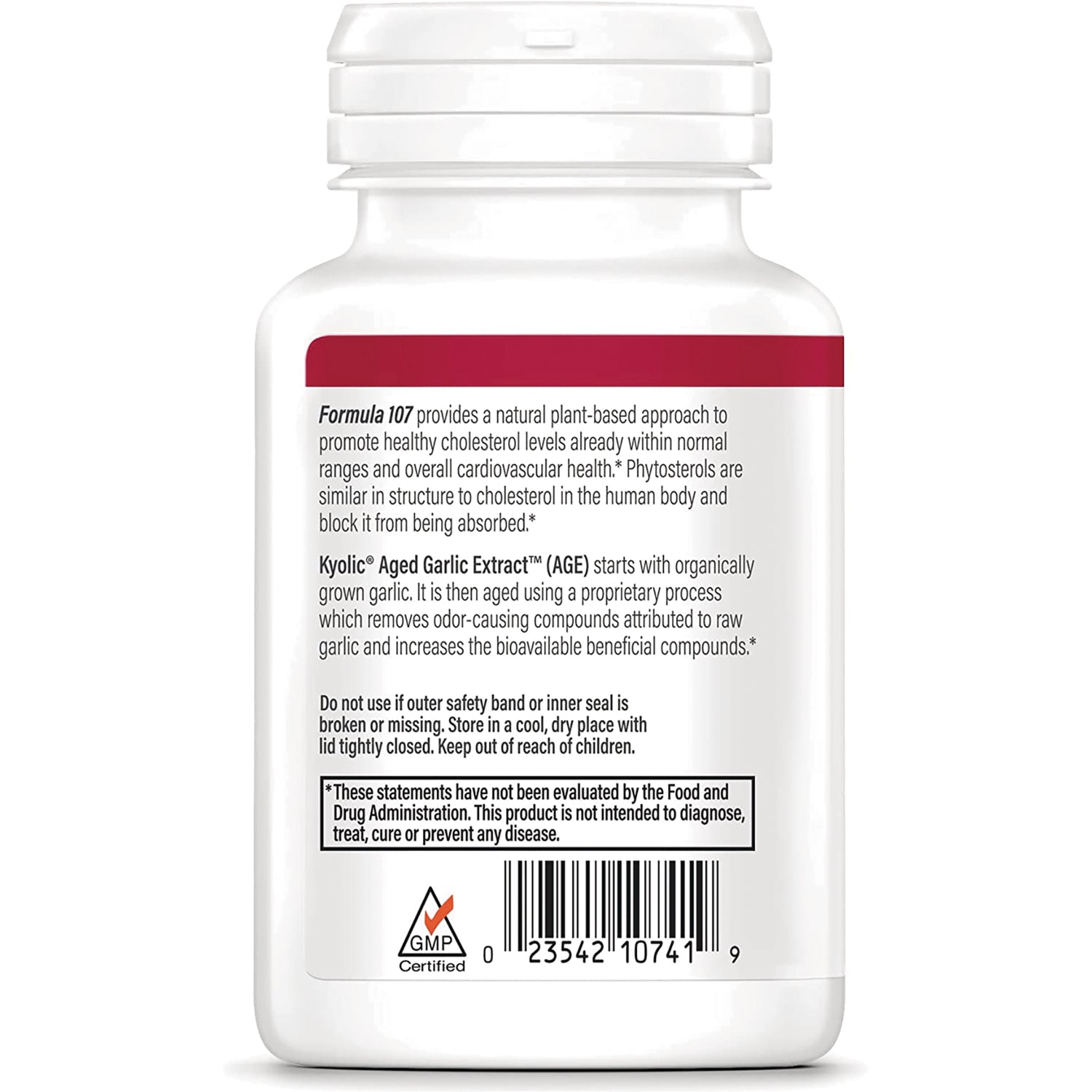 KY093 | back label of white supplement bottle with product information, warnings, barcode and GMP certified logo