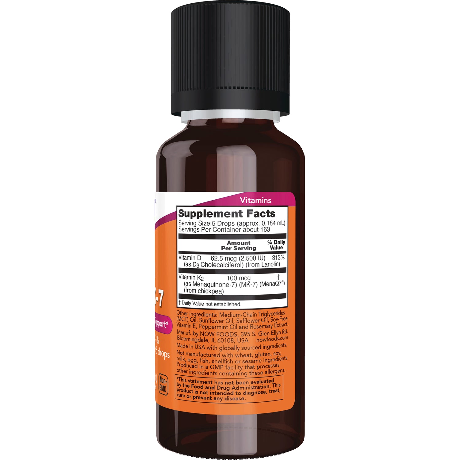 NWF1464 | Back label showing supplement facts with serving size and vitamin D and K2 amounts