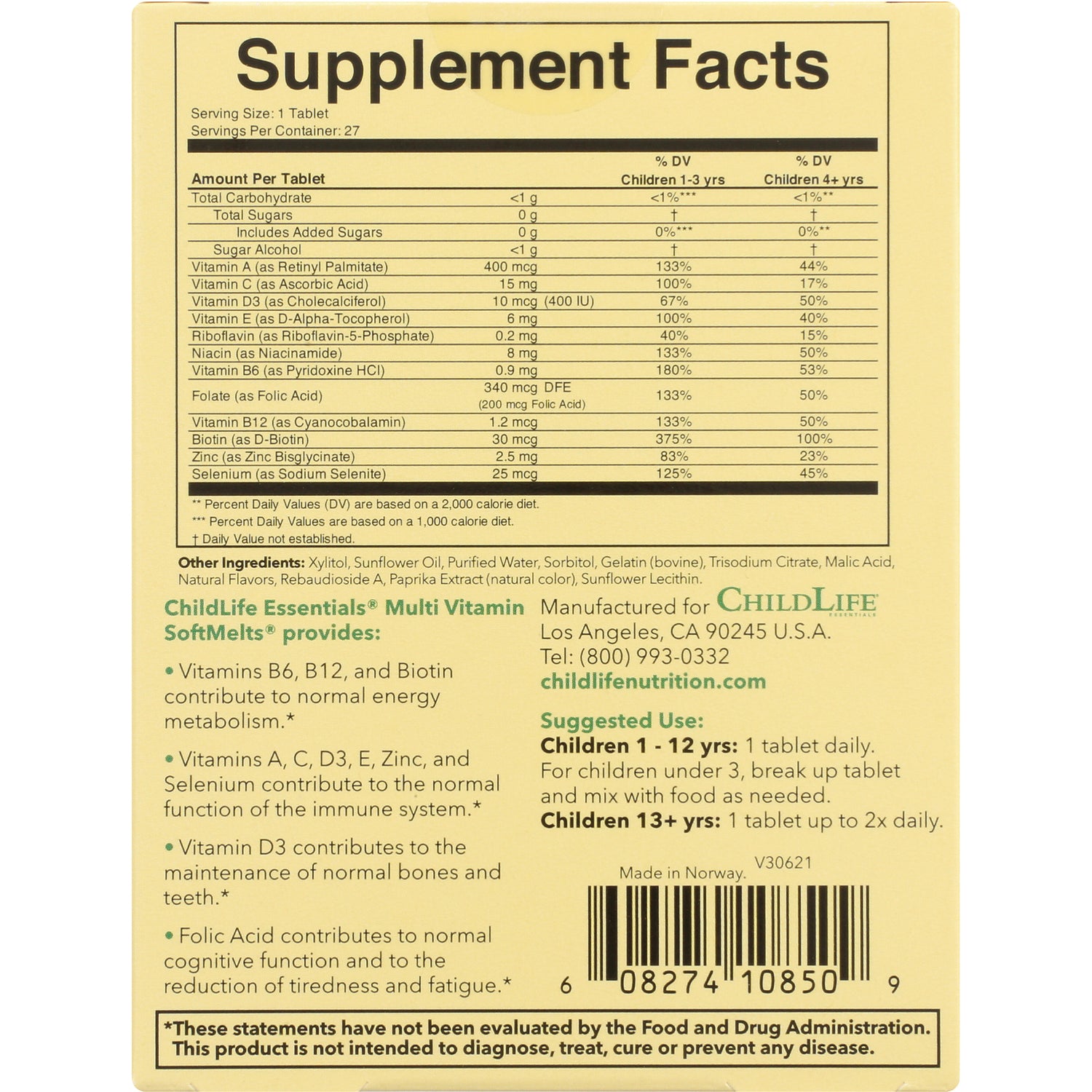 CHL020 | Supplement Facts panel with ingredients, suggested use, and barcode on ChildLife Essentials multivitamin back label