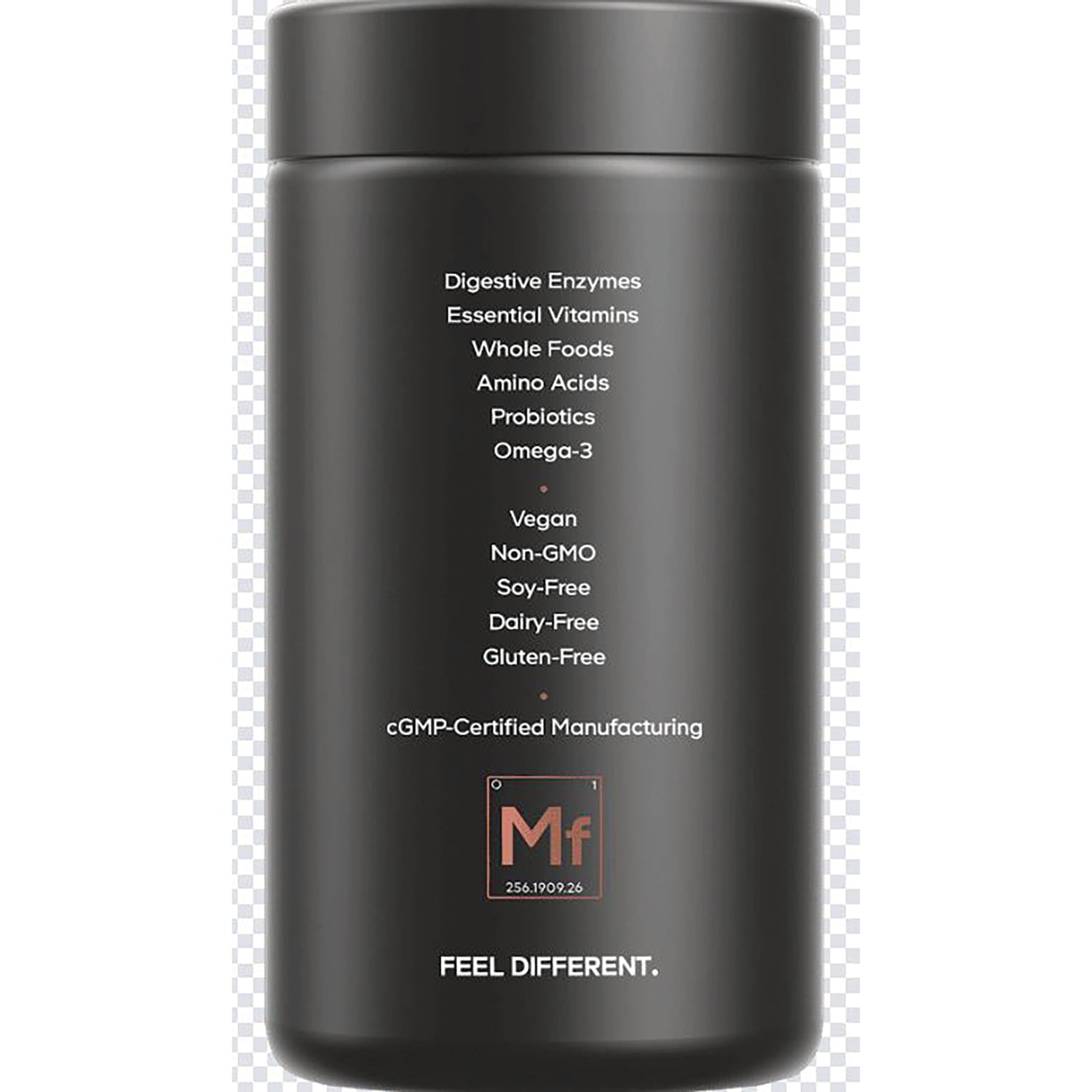 CDG015 | Back label of black supplement bottle listing Digestive Enzymes, Essential Vitamins, Probiotics, Vegan, Non-GMO, cGMP-Certified Manufacturing