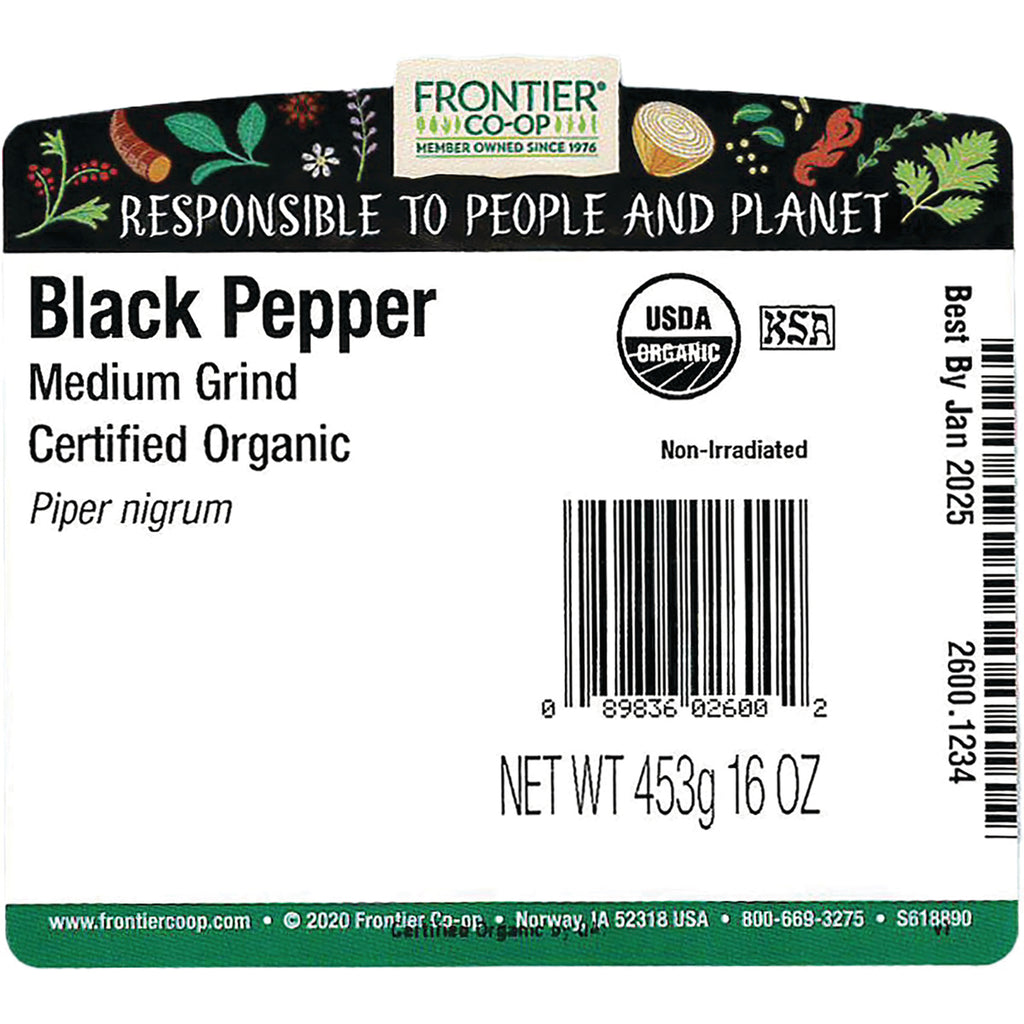 FNP062 | Back label for Frontier Co-op Black Pepper medium grind certified organic with barcode and NET WT 453g 16 OZ - Thumbnail