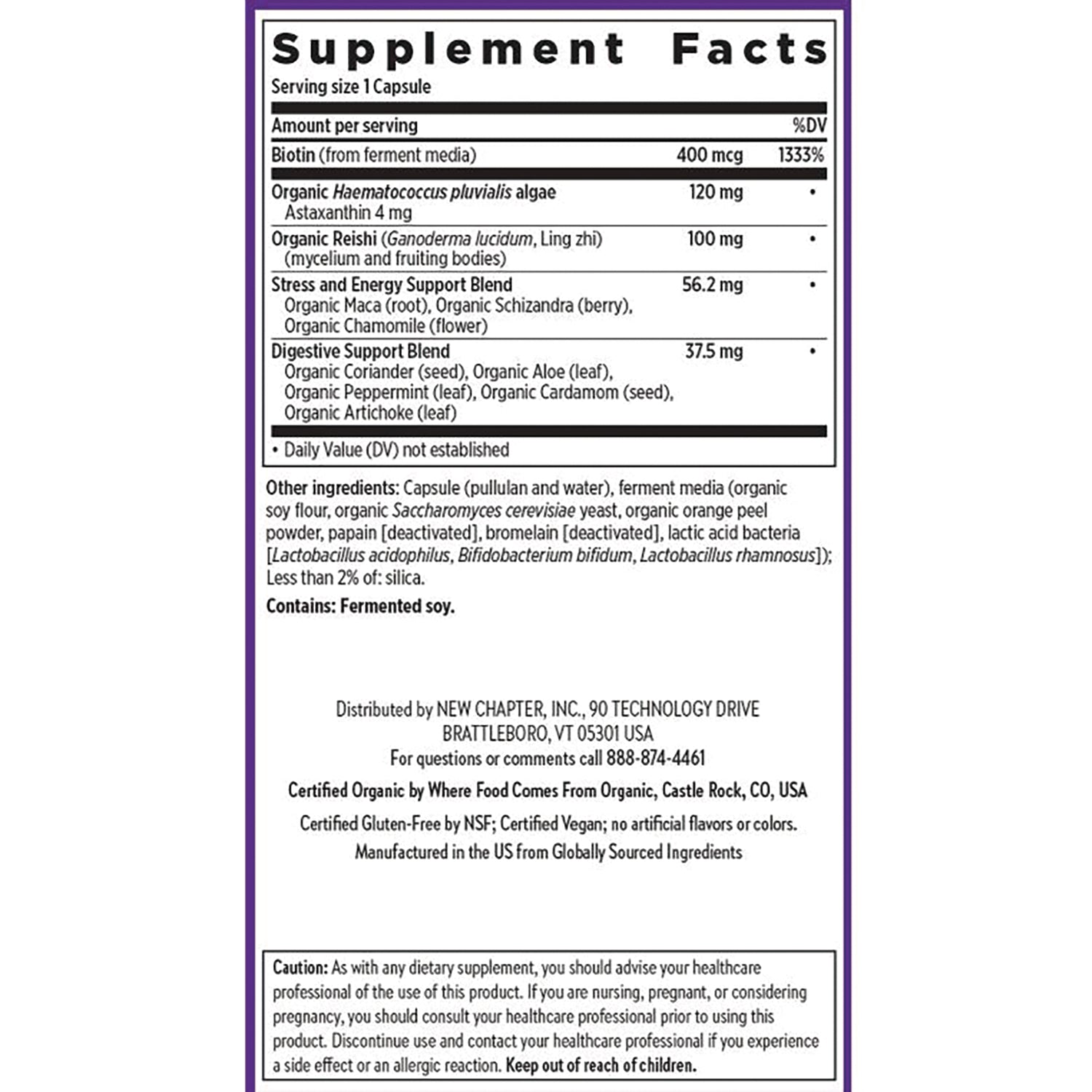 NWC296 | back label showing supplement facts, ingredient list, distributor information and caution box