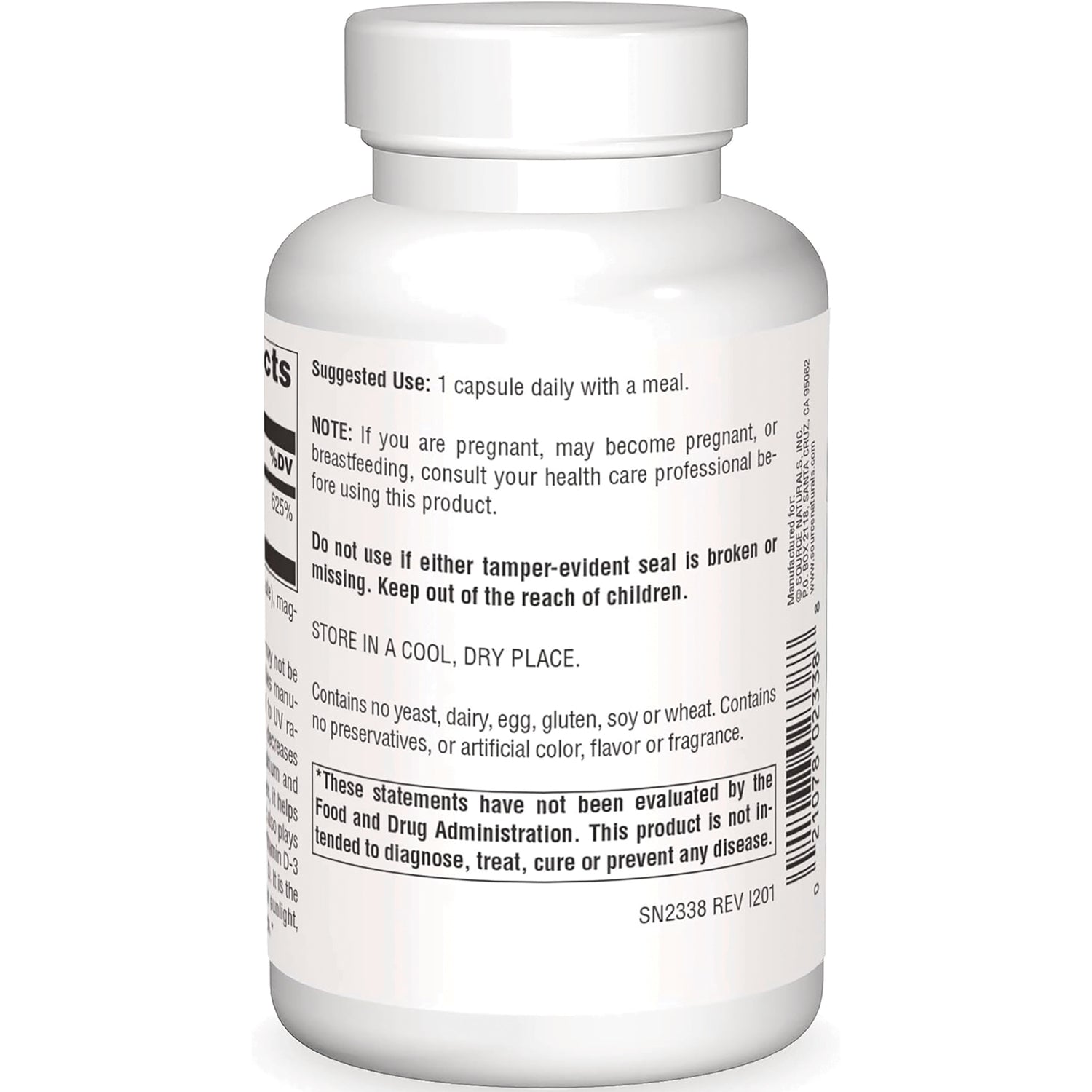 SN831 | Back label with suggested use, warnings, storage info, and barcode