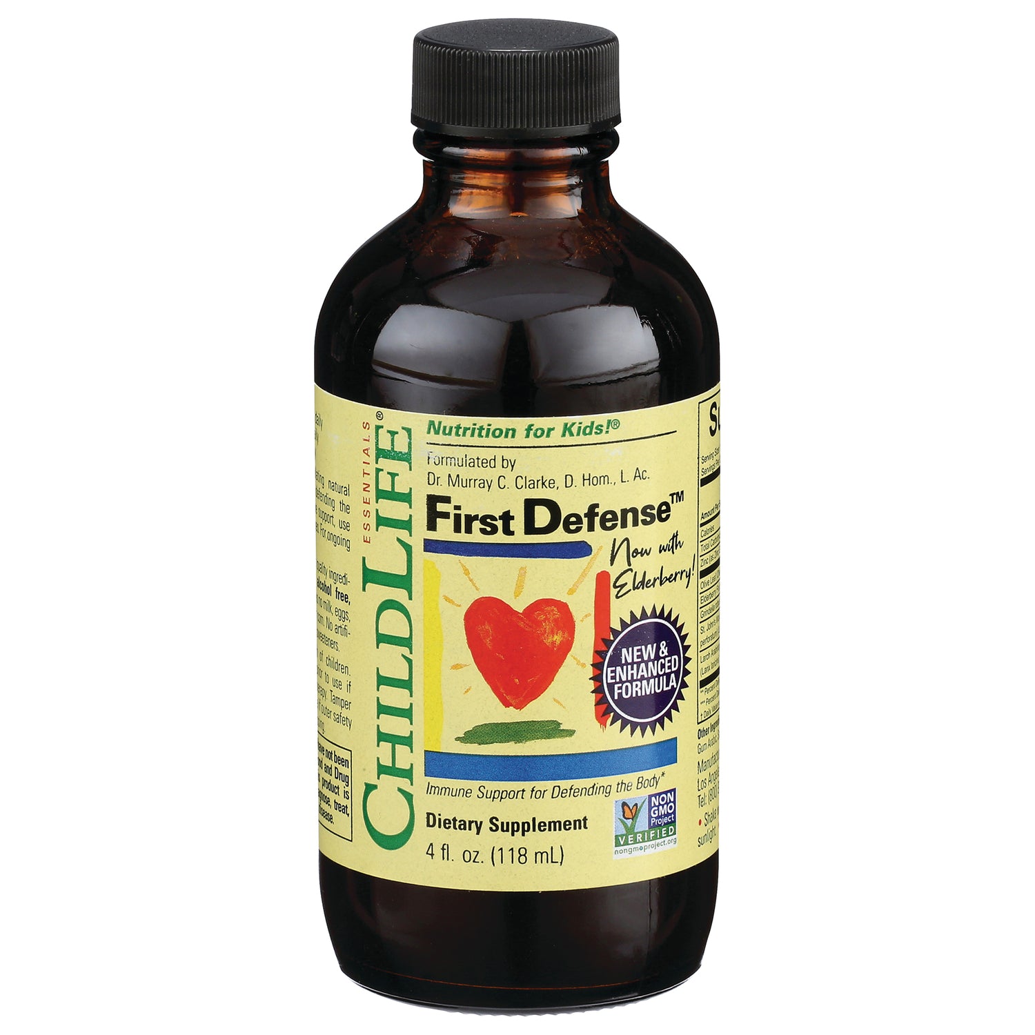 CHL005 | ChildLife First Defense liquid dietary supplement bottle, 4 fl oz, yellow label with red heart and New & Enhanced Formula badge