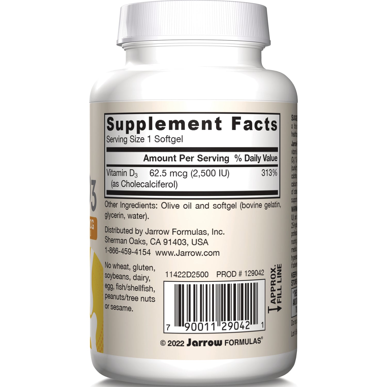 JR125 | back label showing Supplement Facts, vitamin D3 62.5 mcg (2,500 IU), ingredients and barcode