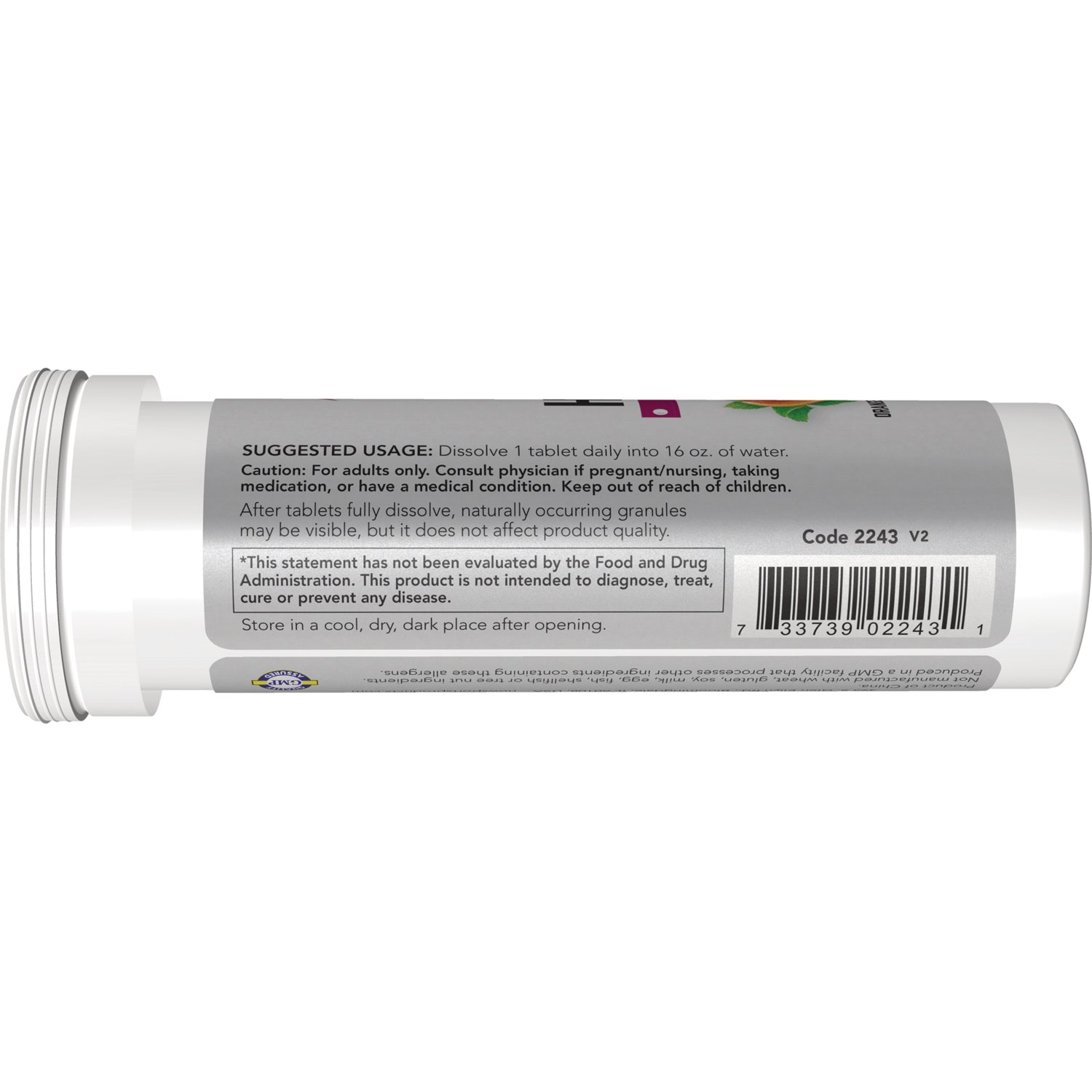 NWF1311 | Back label of effervescent tablet tube showing suggested usage dissolve 1 tablet daily and barcode