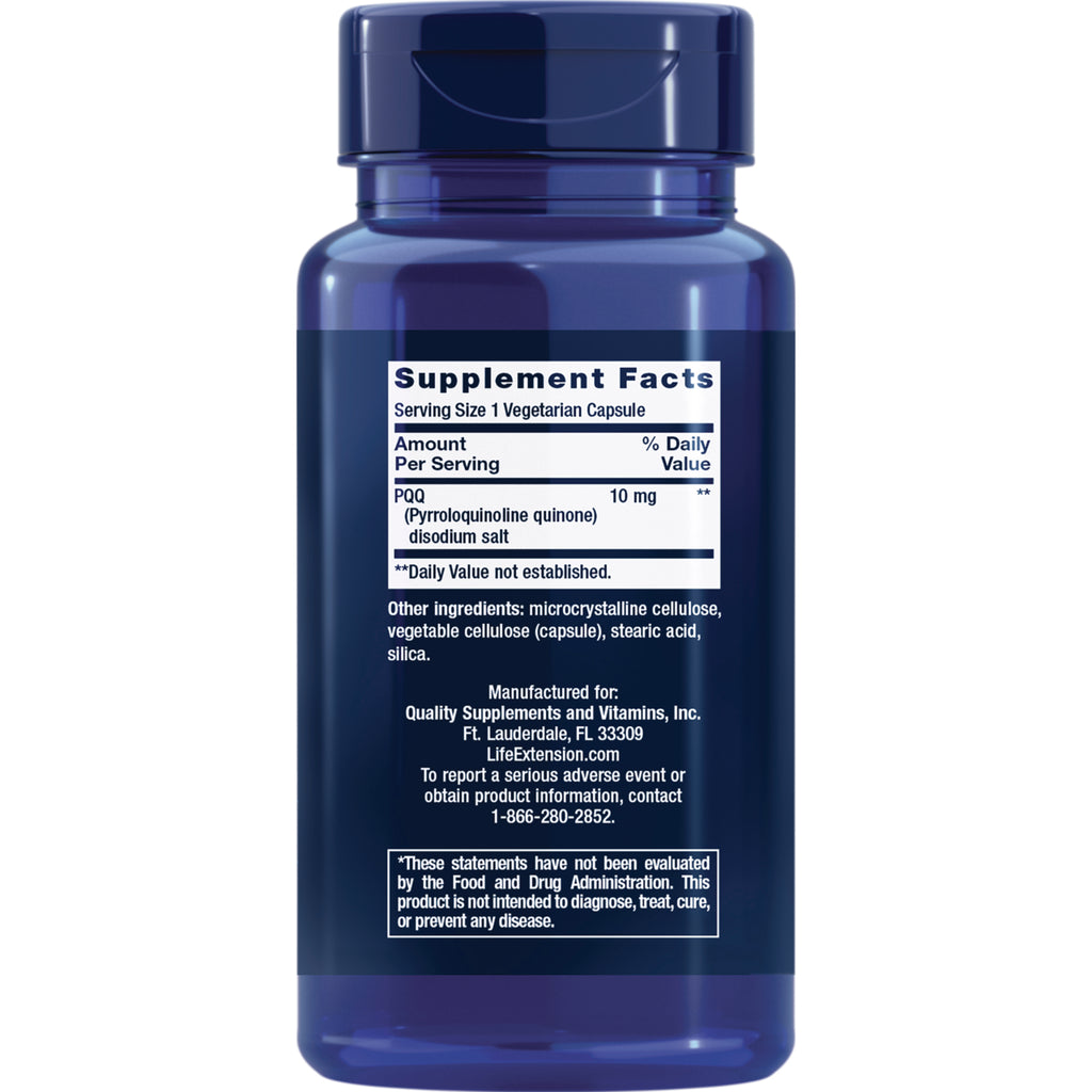 LE083 | back of blue supplement bottle showing Supplement Facts label with PQQ 10 mg and ingredient list - Thumbnail