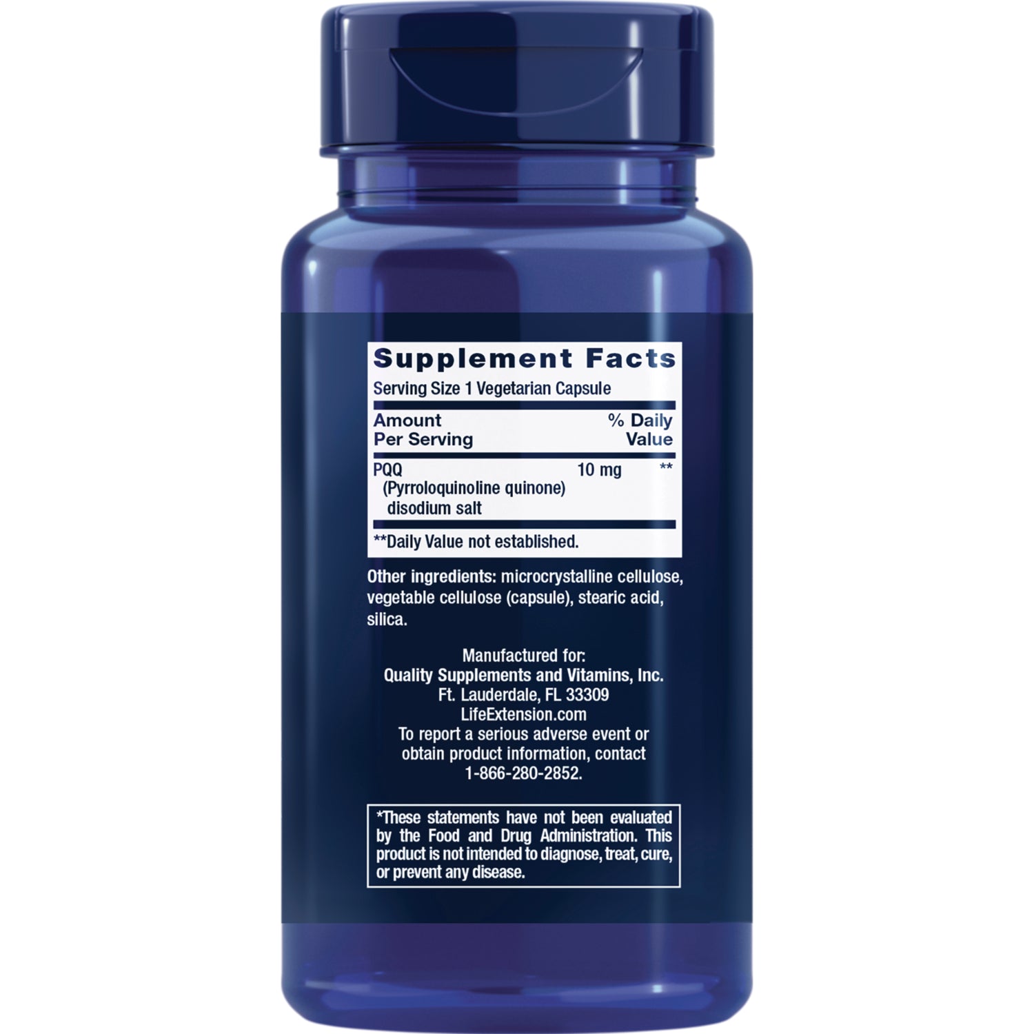LE083 | back of blue supplement bottle showing Supplement Facts label with PQQ 10 mg and ingredient list
