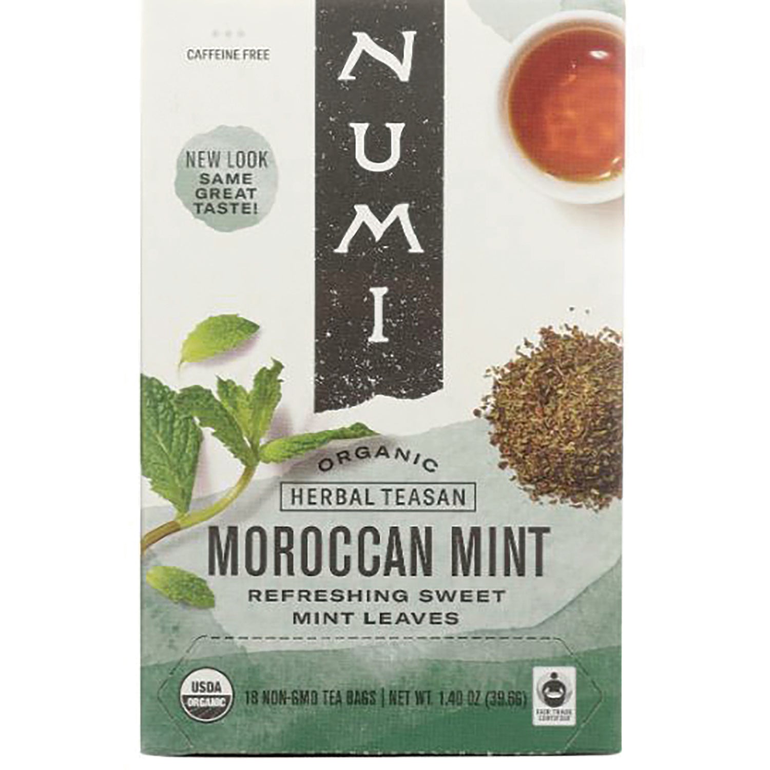 NUM009 | Box of Numi Moroccan Mint organic herbal tea showing mint leaves and a cup of brewed tea