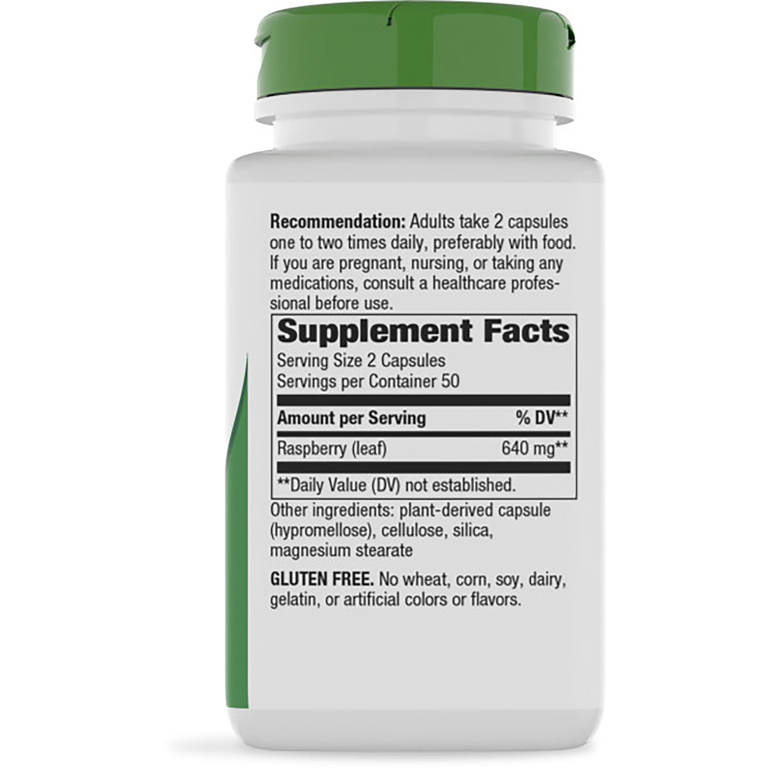 NW843 | Back label showing Supplement Facts, serving size 2 capsules, raspberry leaf 640 mg and directions