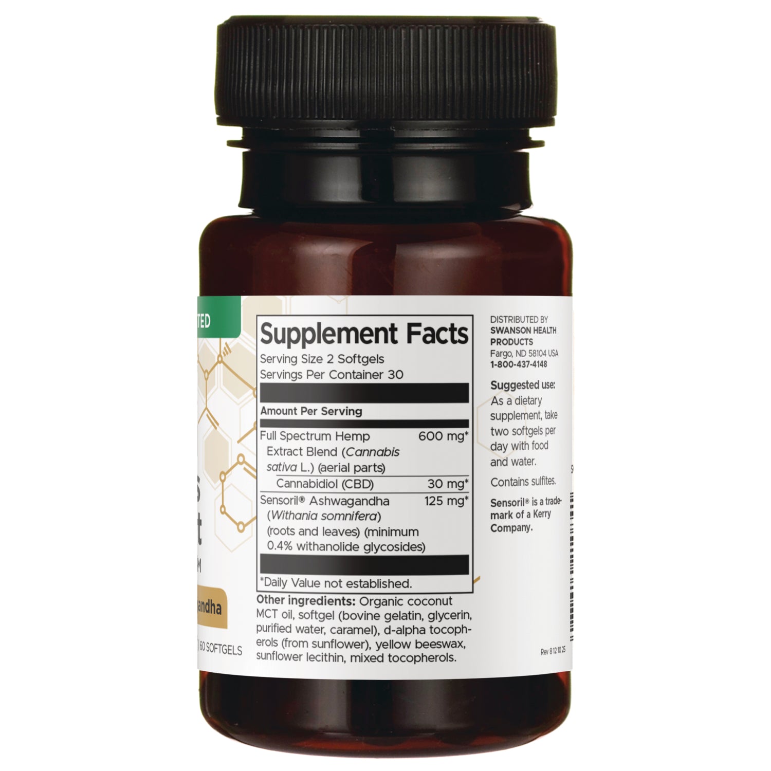 SWU1084 | Supplement Facts panel: 2 softgels per serving, hemp extract 600 mg, CBD 30 mg, ashwagandha 125 mg