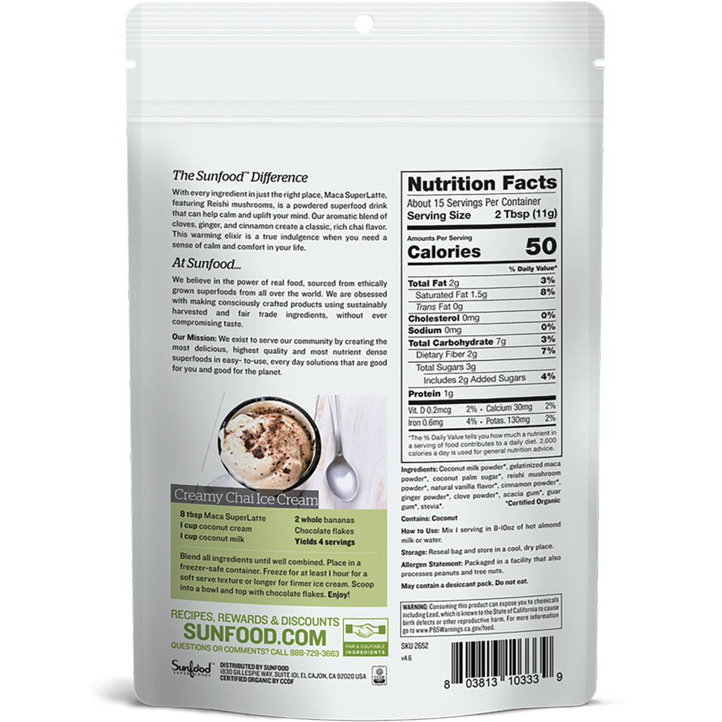 SNF030 | Back of Sunfood Superfoods maca SuperLatte pouch showing Nutrition Facts, ingredients, and Creamy Chai Ice Cream recipe - Thumbnail