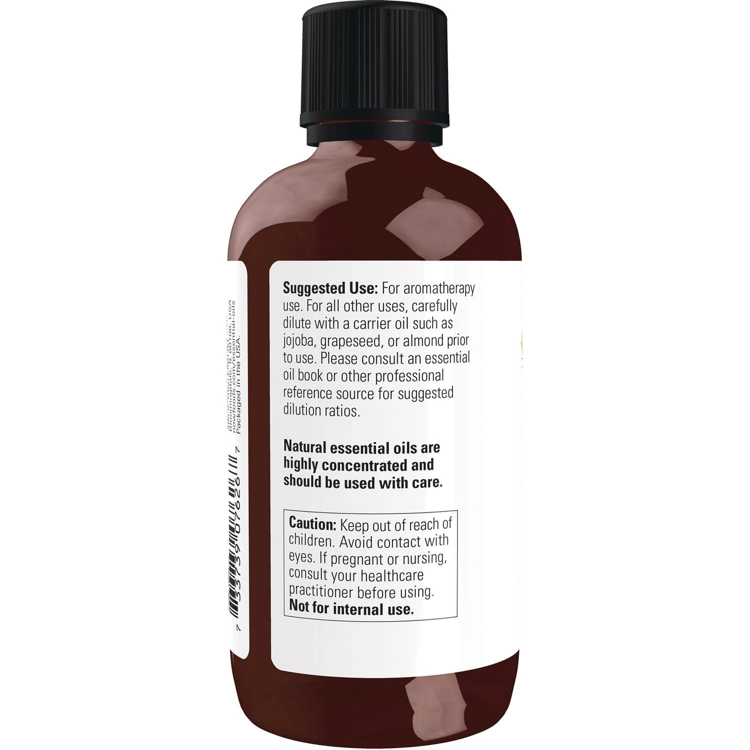 NWF512 | Back of amber bottle showing label with suggested use, caution, and Not for internal use text