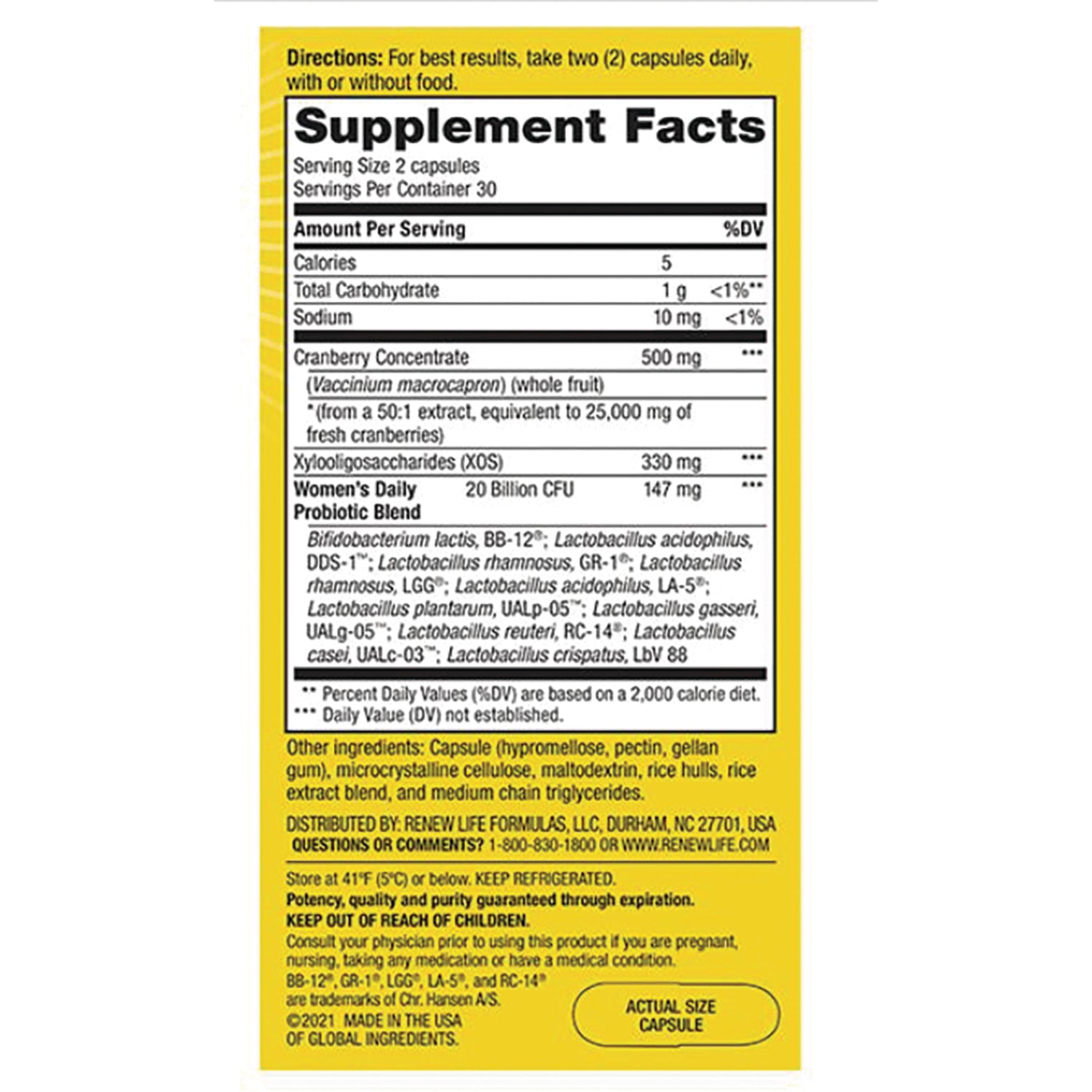 RNL214 | Supplement Facts and directions on yellow bottle back panel showing serving size, ingredients, and storage instructions