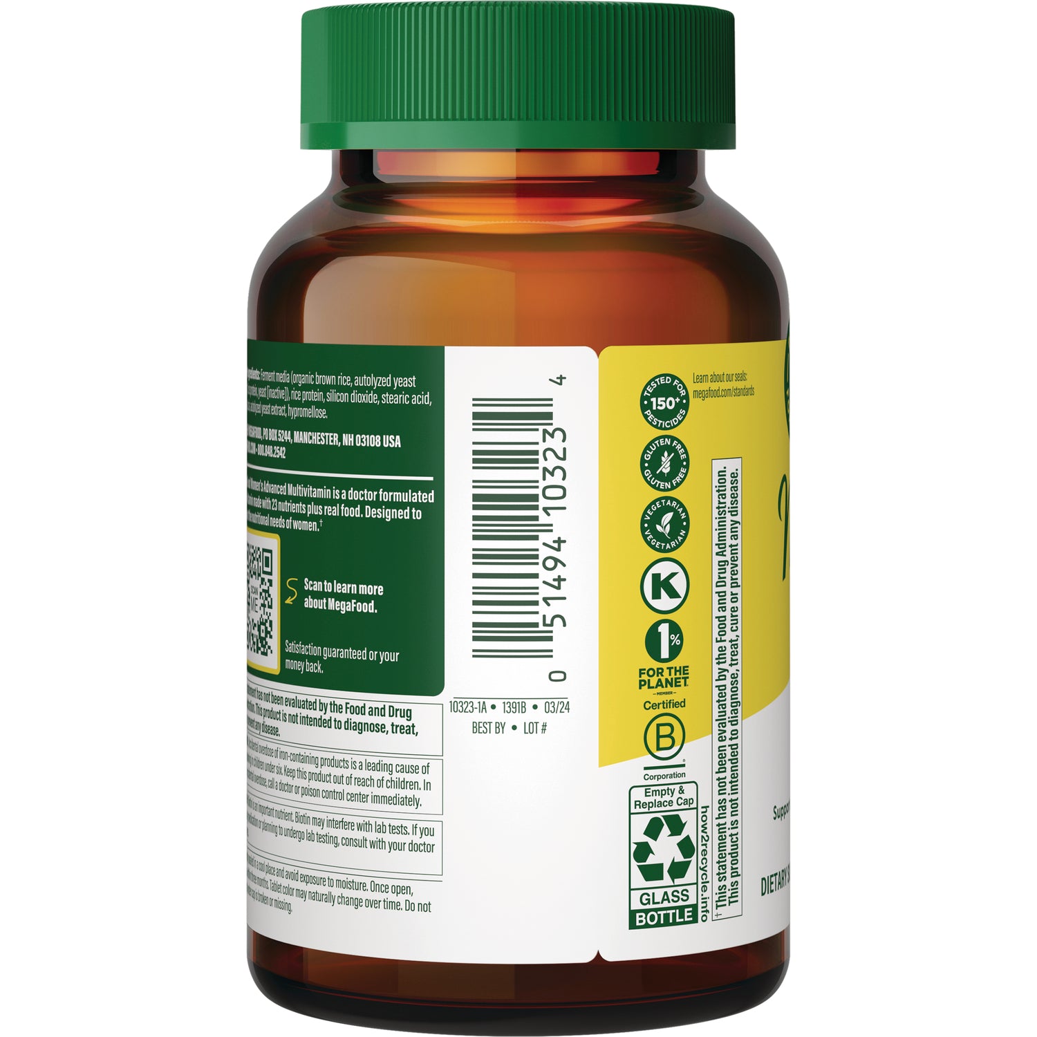 MGF071 | Back of amber supplement bottle showing barcode, certification icons, and ingredient and warning text
