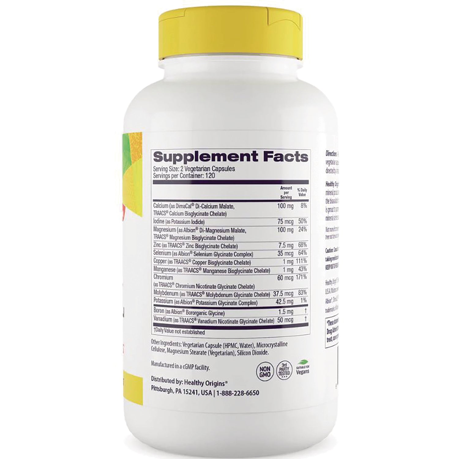 HRG195 | Supplement Facts panel and ingredient list on back of white supplement bottle with yellow cap