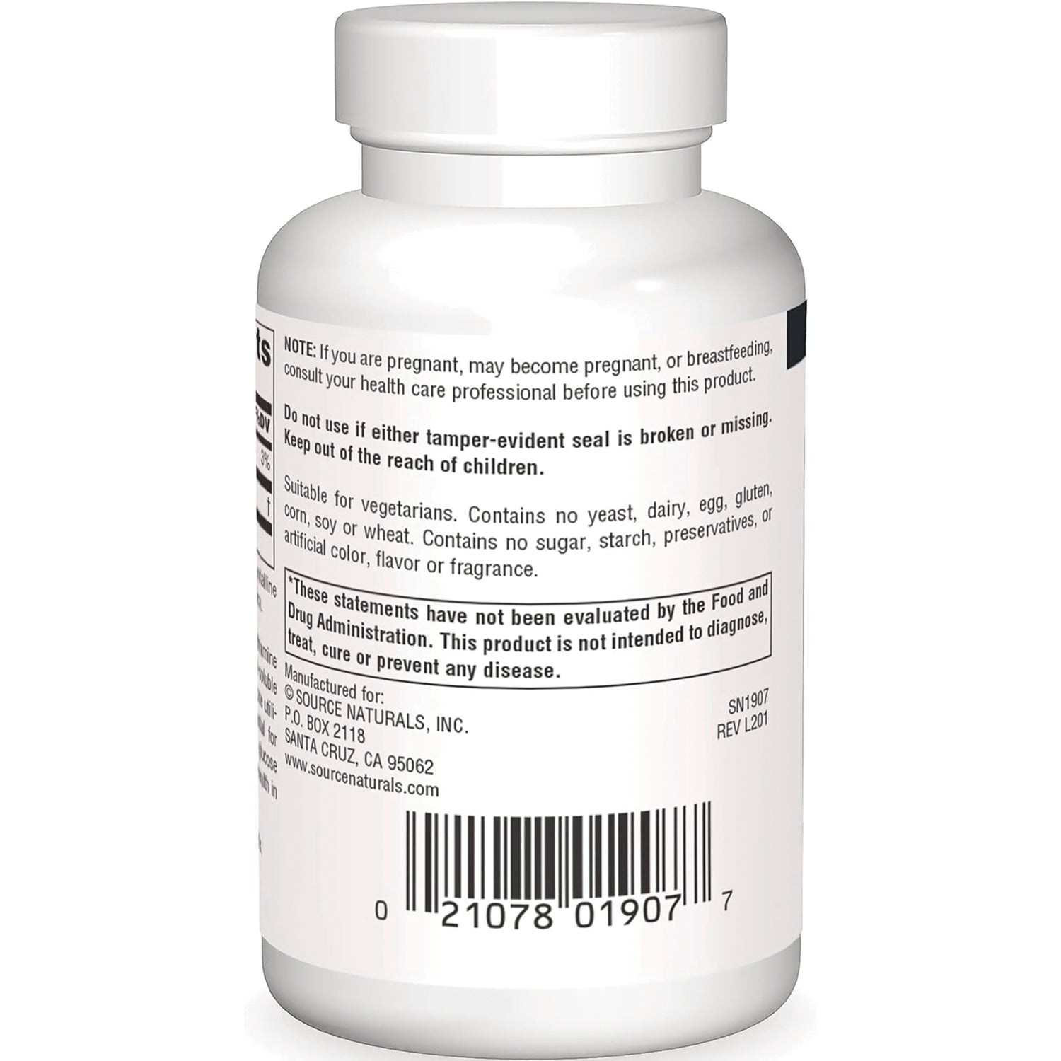 SN680 | Supplement bottle back label with warnings, ingredients notes, manufacturer info, and barcode