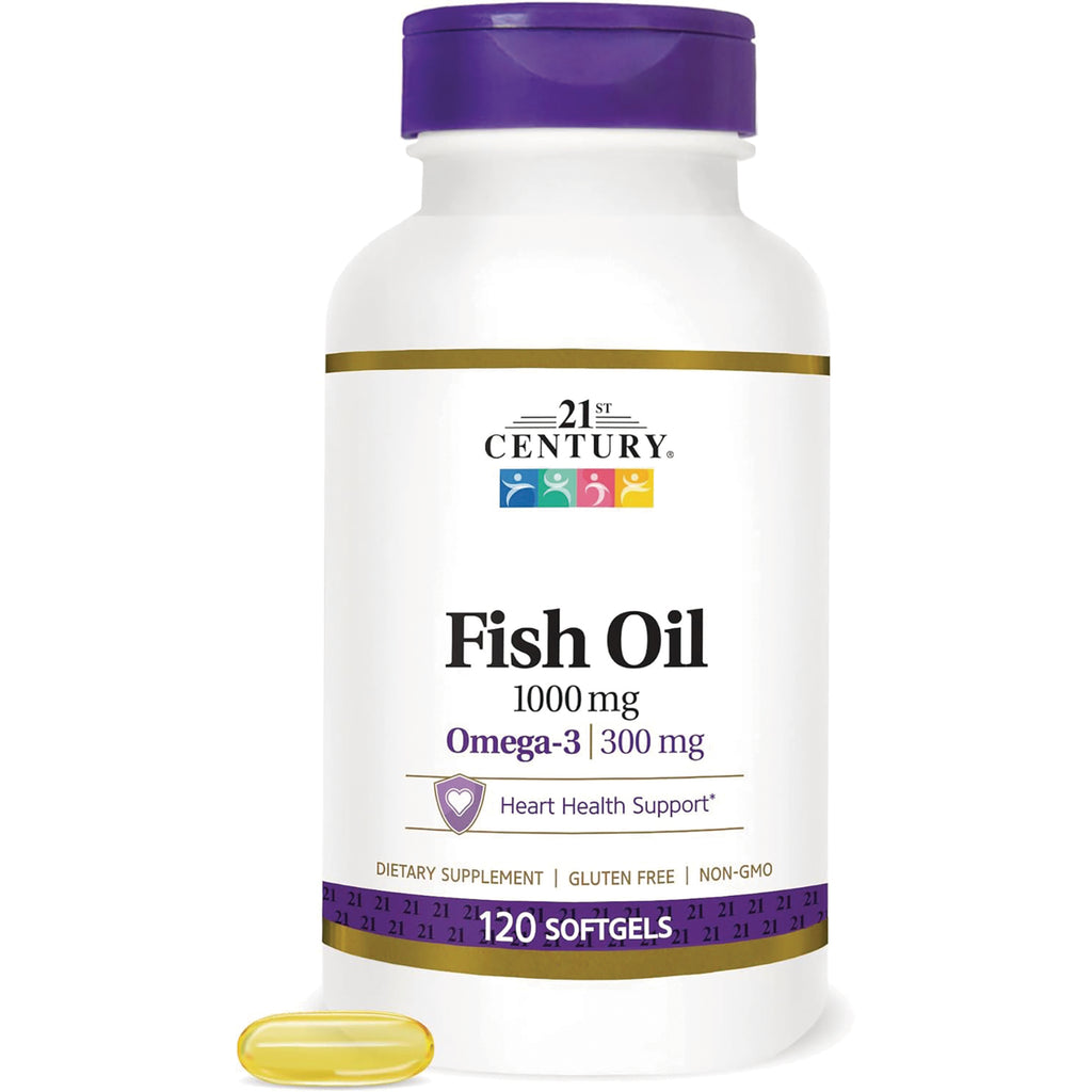 CNT115 | 21st Century Fish Oil 1000 mg bottle with purple cap, label shows Omega-3 300 mg and 120 softgels - Thumbnail