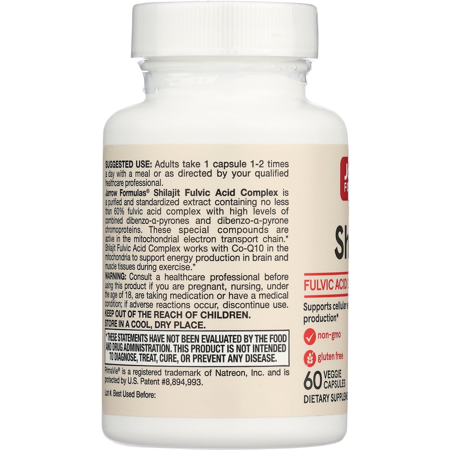JR243 | Back label of white supplement bottle showing suggested use, warnings, and FDA disclaimer