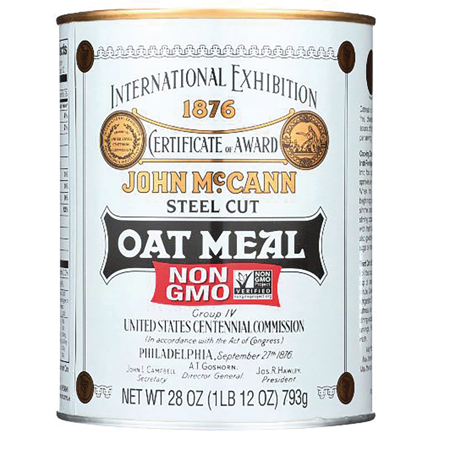 MCA001 | John McCann steel cut oat meal tin with Non GMO label, net wt 28 oz