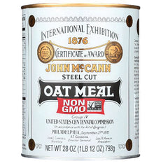 MCA001 | John McCann steel cut oat meal tin with Non GMO label, net wt 28 oz