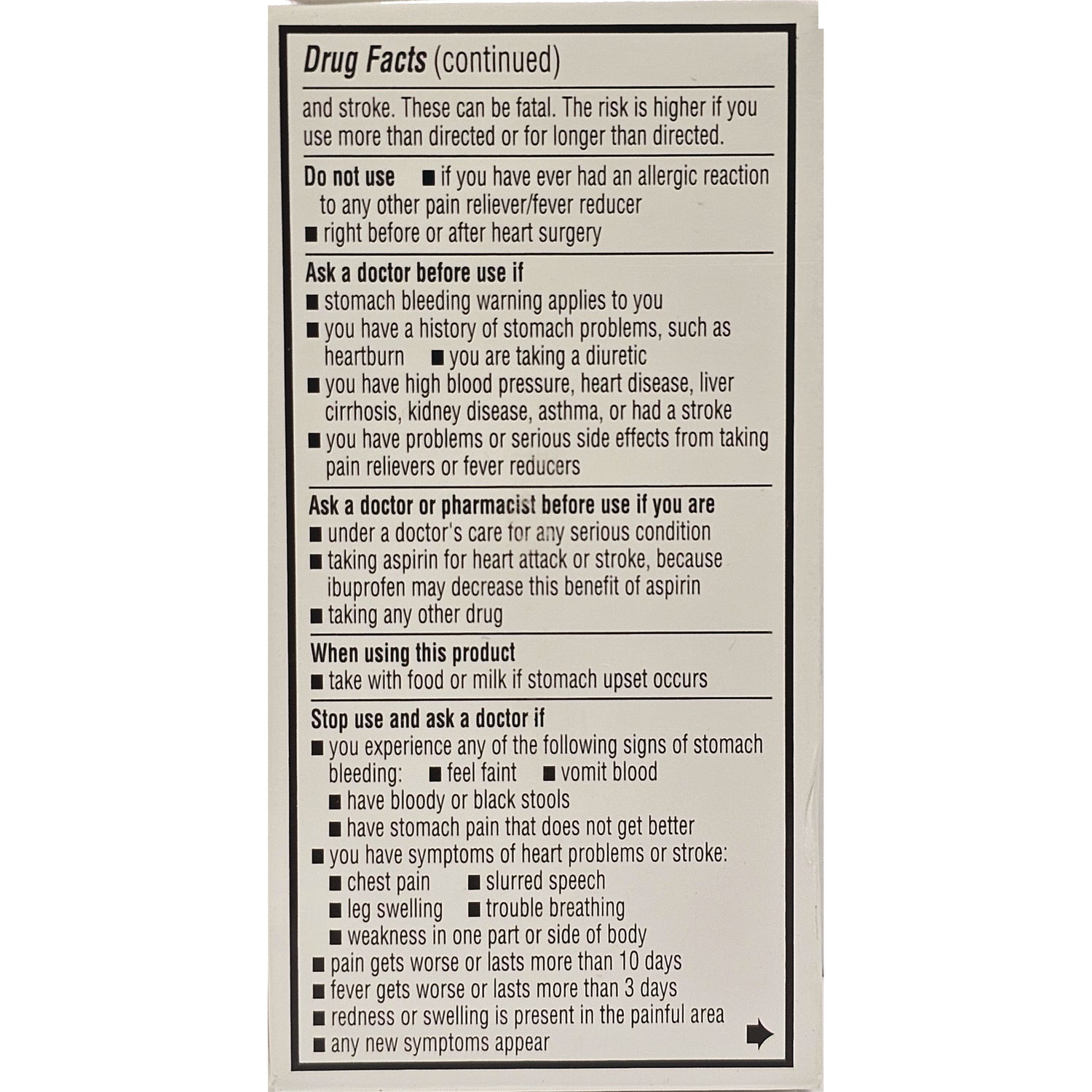 QCH022 | Back panel showing Drug Facts continued with warnings, precautions, when to stop use and ask a doctor