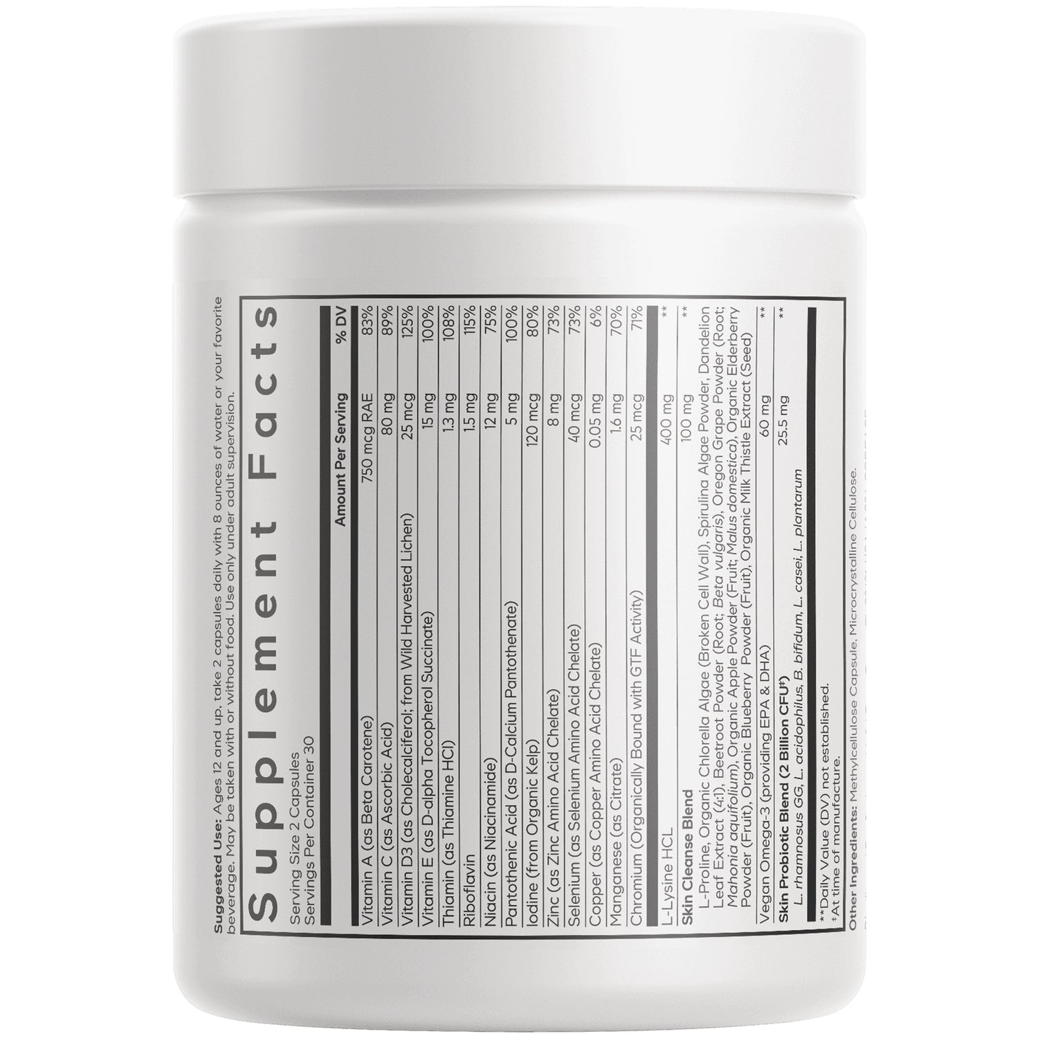 CDG063 | Back of white supplement bottle showing Supplement Facts nutrition panel