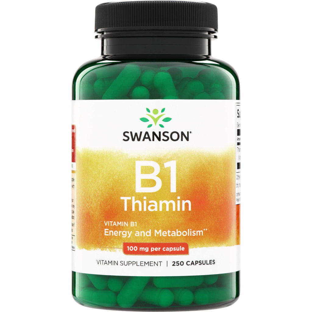 SW016 | Swanson B1 Thiamin 100 mg per capsule vitamin supplement, 250 capsules, front label - Thumbnail
