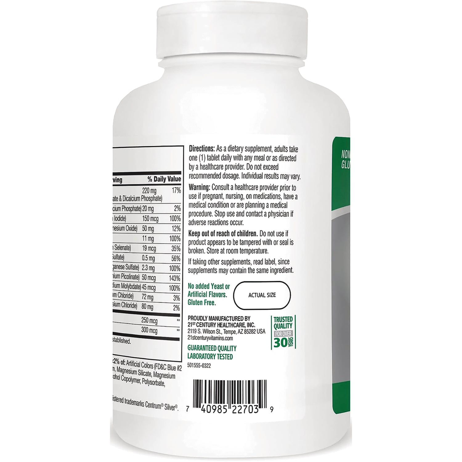 CNT146 | Back of white supplement bottle showing directions, warnings, nutrition facts panel and barcode