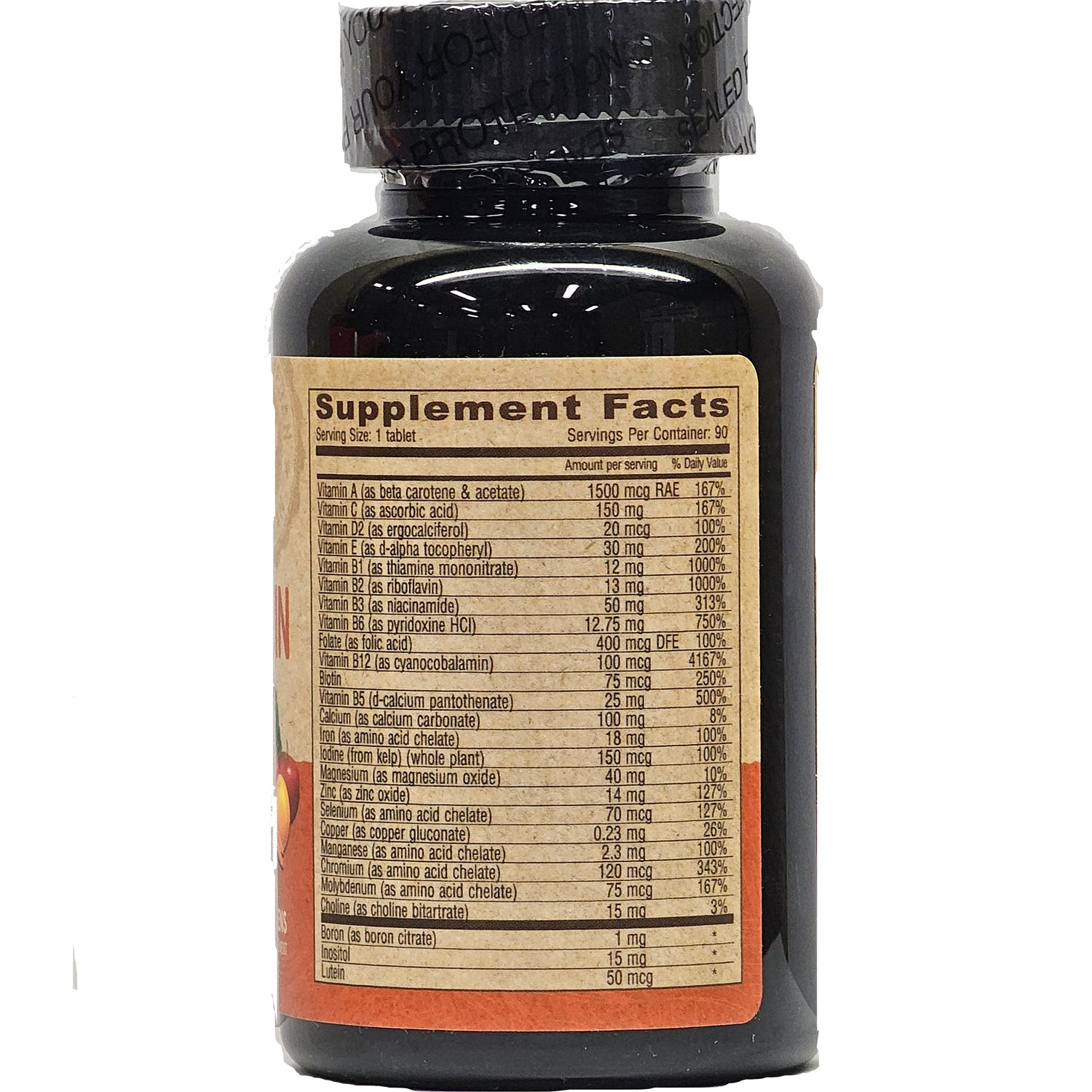 DEV001 | Back label showing Supplement Facts table with nutrient list and serving size 1 tablet