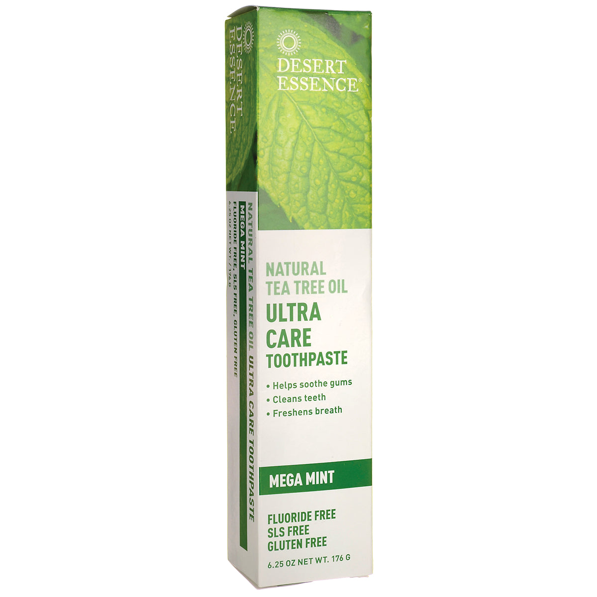 DST125 | Desert Essence Natural Tea Tree Oil Ultra Care Toothpaste box, Mega Mint front packaging