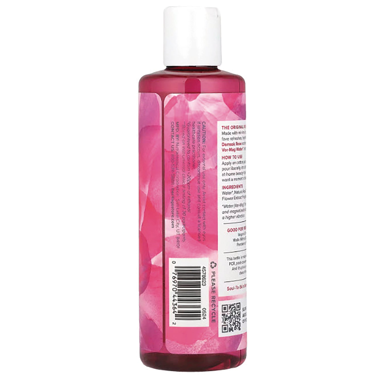 HTG001 | back of pink floral-labeled bottle showing ingredients panel and barcode