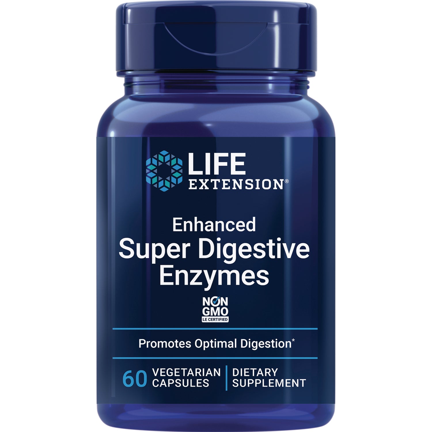 LE370 | Life Extension Enhanced Super Digestive Enzymes bottle front, 60 vegetarian capsules dietary supplement