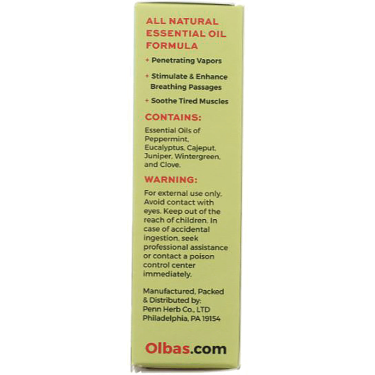 OLB005 | Back panel listing all natural essential oil formula, contains and warning text and Olbas.com branding