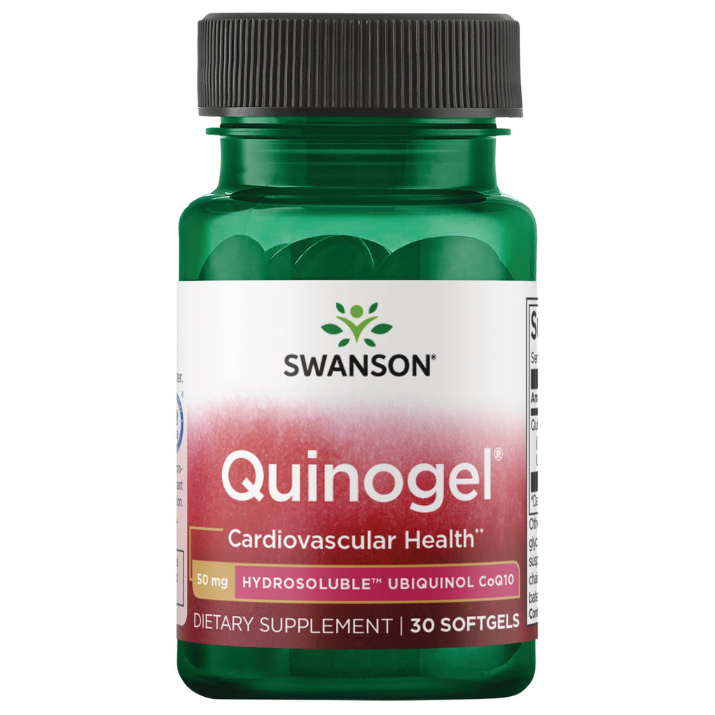 SWU543 | Four Swanson Quinogel bottles labeled Quinogel cardiovascular health, 30 softgels each || SWU543 | Three green Swanson Quinogel bottles, Cardiovascular Health softgels, 30 count each || SWU543 | Two Swanson Quinogel green bottles labeled Quinogel Cardiovascular Health 50 mg hydrosoluble ubiquinol CoQ10 30 softgels - Thumbnail