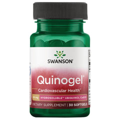 SWU543 | Four Swanson Quinogel bottles labeled Quinogel cardiovascular health, 30 softgels each || SWU543 | Three green Swanson Quinogel bottles, Cardiovascular Health softgels, 30 count each || SWU543 | Two Swanson Quinogel green bottles labeled Quinogel Cardiovascular Health 50 mg hydrosoluble ubiquinol CoQ10 30 softgels