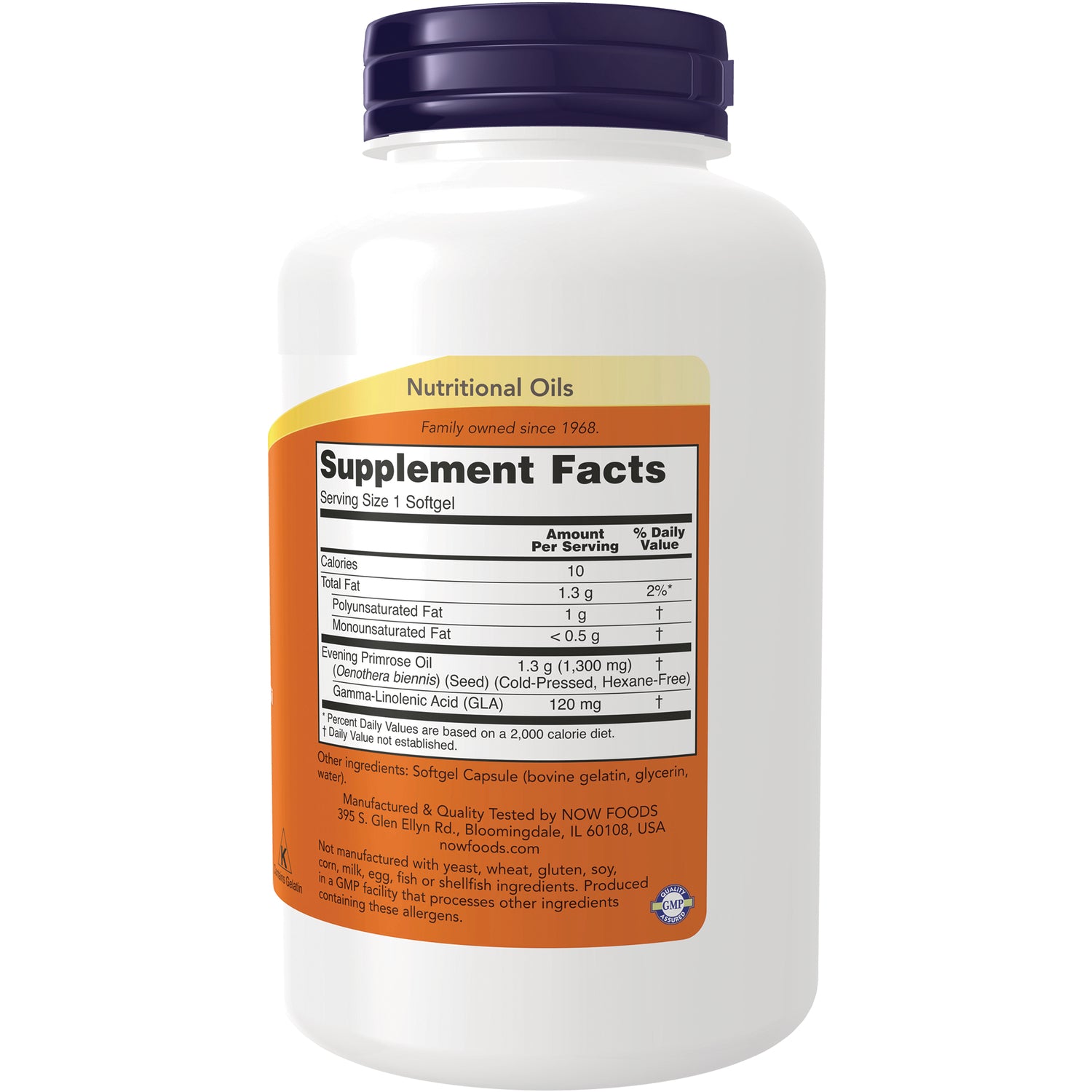 NWF353 | Back label of white supplement bottle showing Supplement Facts panel and Evening Primrose Oil ingredient details