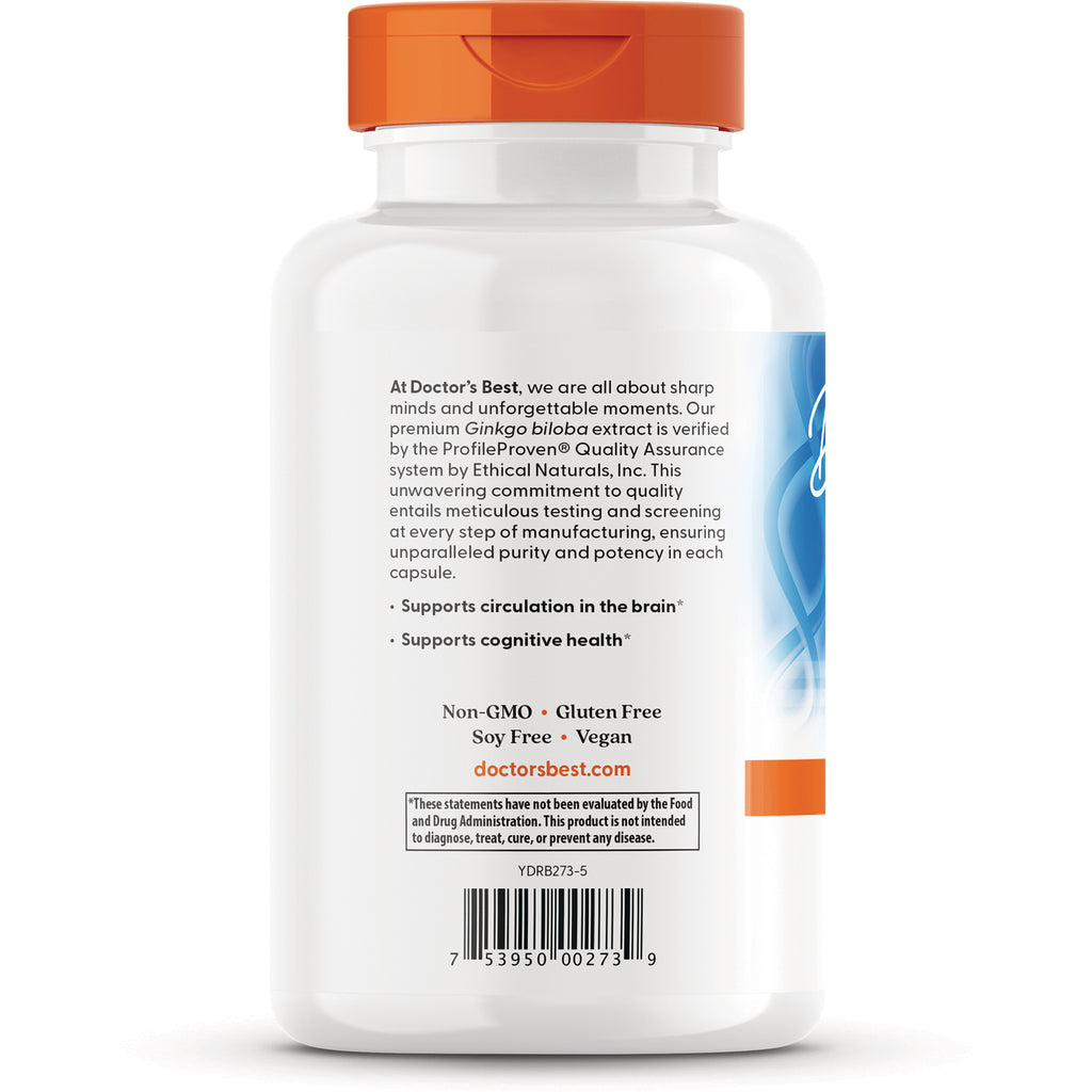 DB172 | Back of white supplement bottle with orange cap showing Ginkgo biloba label, support claims, Non-GMO Gluten Free Soy Free Vegan and barcode - Thumbnail
