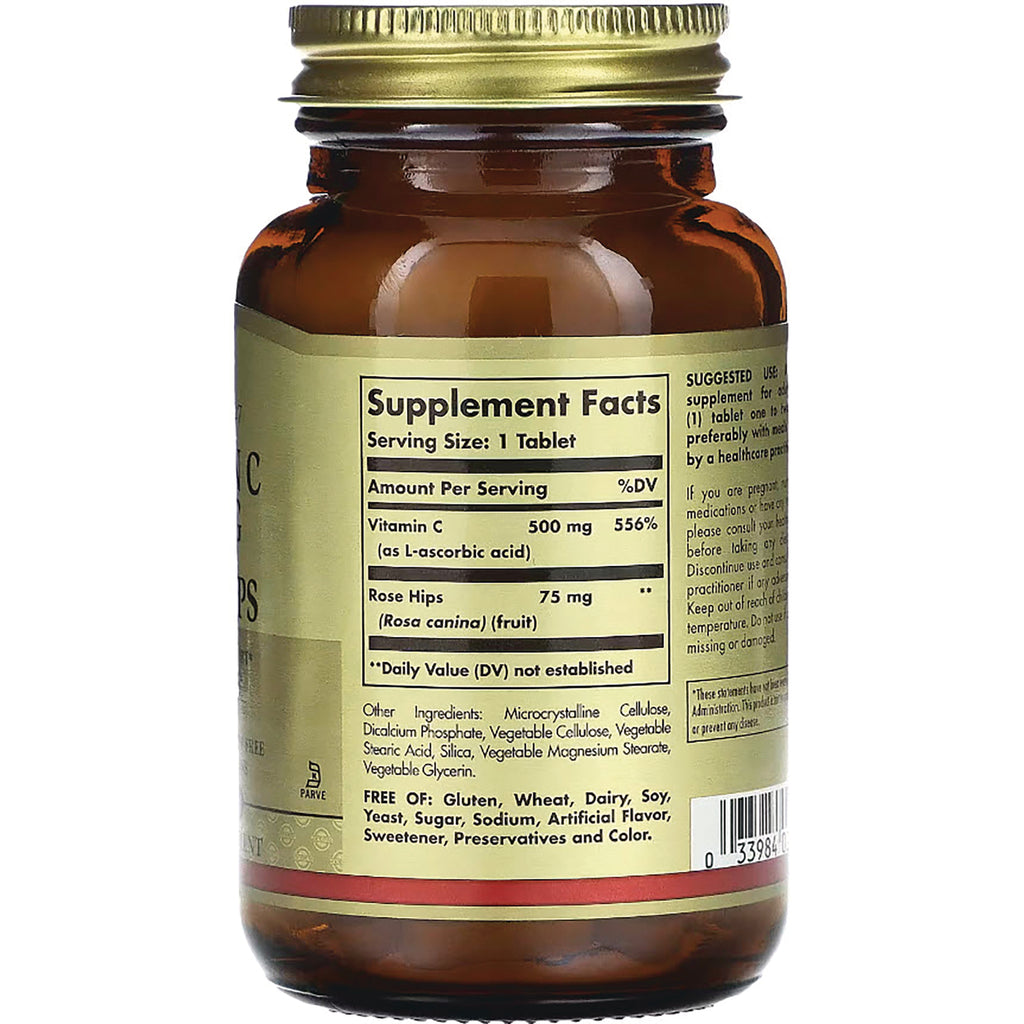 SLG306 | back label of amber supplement bottle showing Supplement Facts with Vitamin C 500 mg and Rose Hips 75 mg - Thumbnail