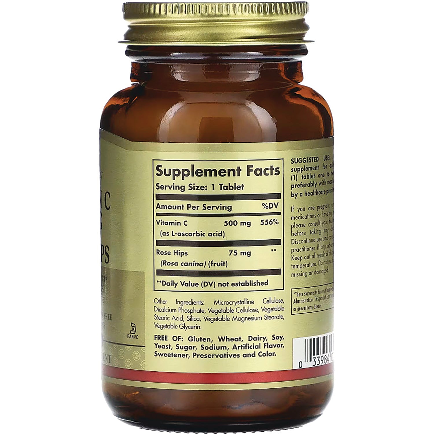 SLG306 | back label of amber supplement bottle showing Supplement Facts with Vitamin C 500 mg and Rose Hips 75 mg