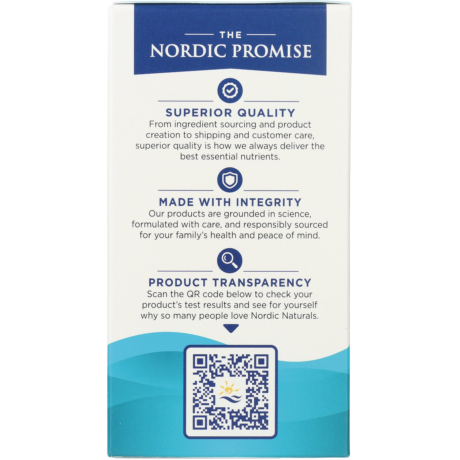 NRN086 | Product infographic panel titled THE NORDIC PROMISE with quality statements and QR code